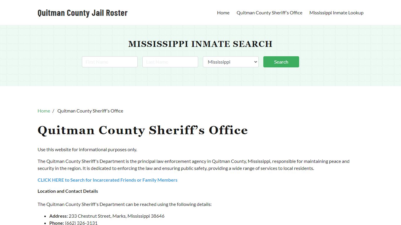 Quitman County Sheriff Office, MS, Arrest Warrants Search