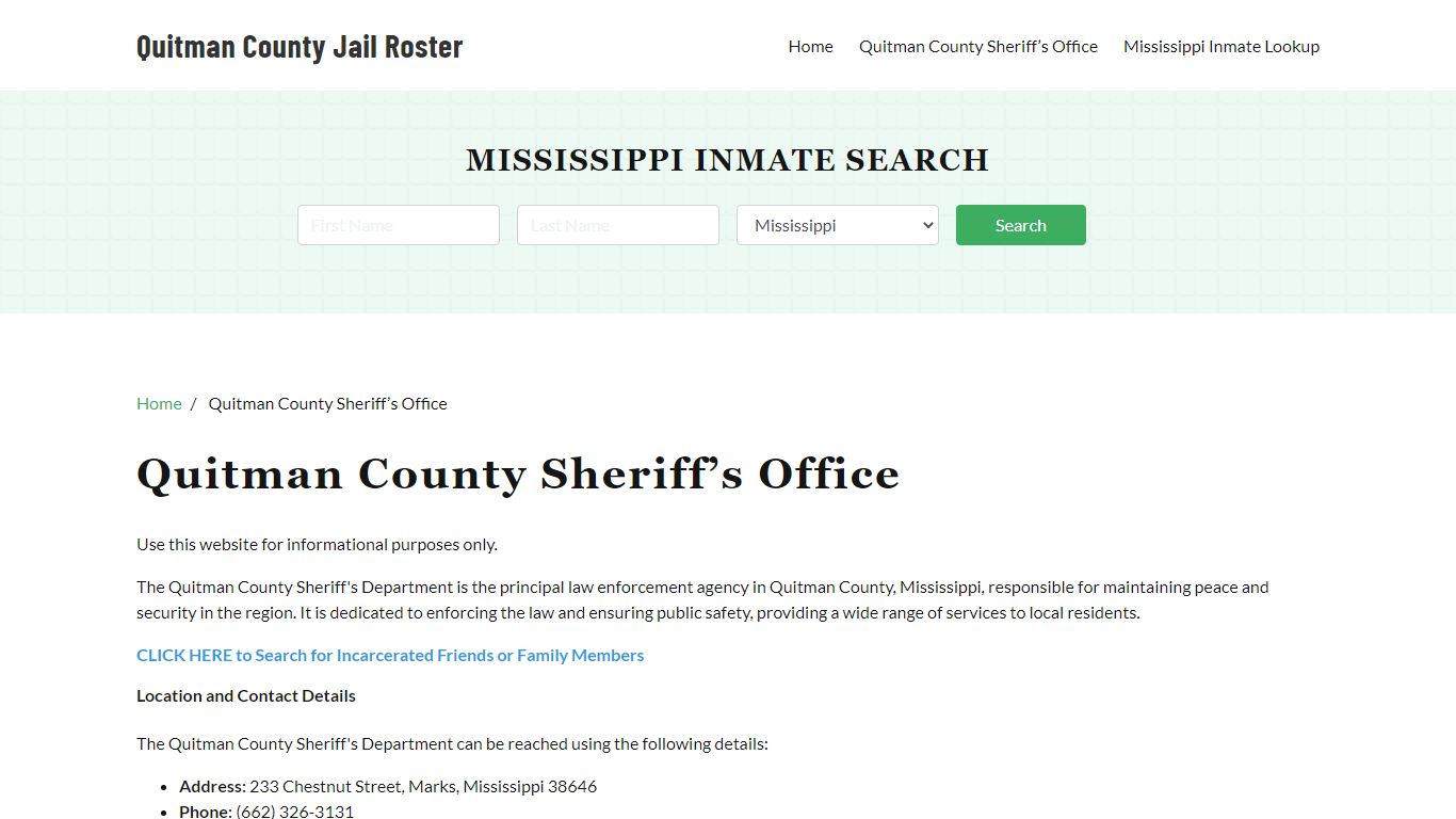 Quitman County Sheriff Office, MS, Arrest Warrants Search